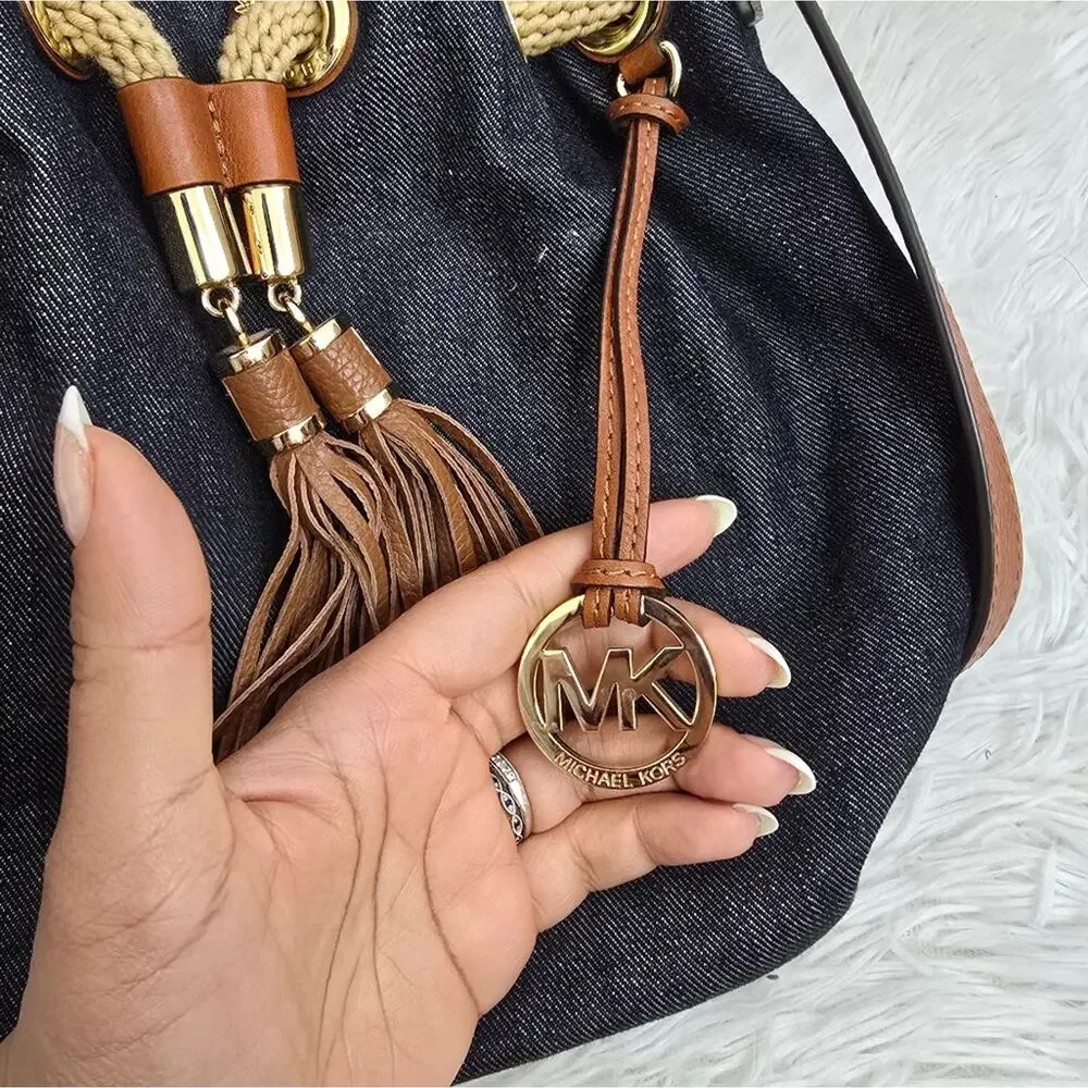 Michael Kors Blue Denim Designer Hobo Handbag With Brown Leather Tassels